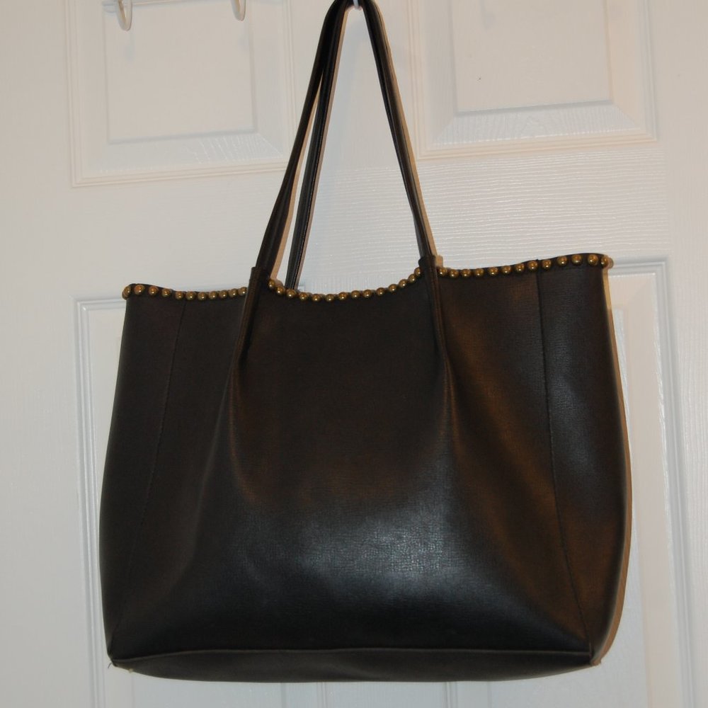 Below The Belt Black 100% Polyurethane Large Tote W/ Brass Trim 13" x 18"
